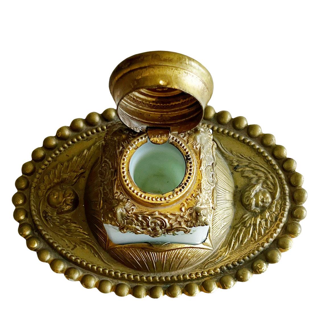French Opaline And Brass Inkwell For Sale 1
