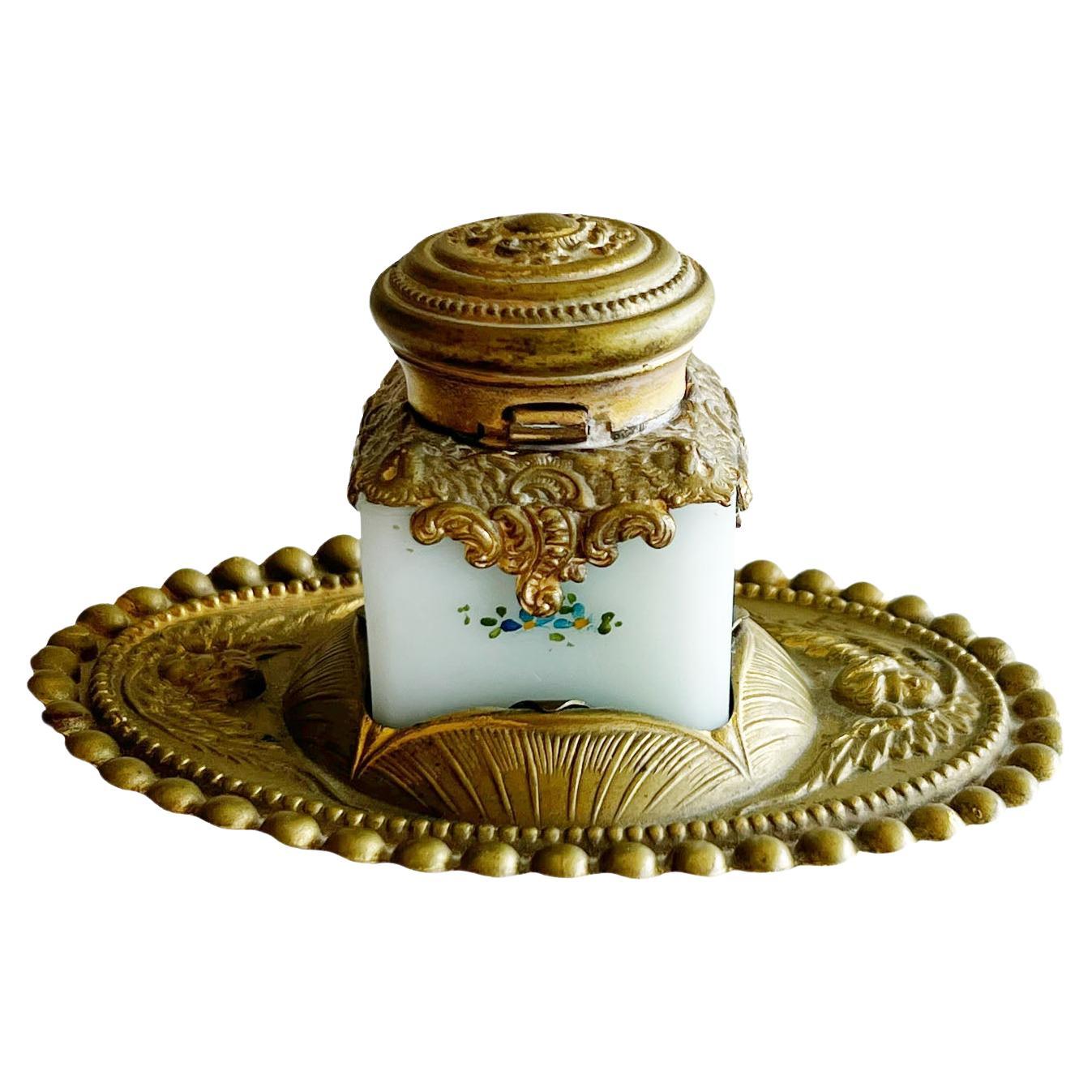 French Opaline And Brass Inkwell For Sale 2