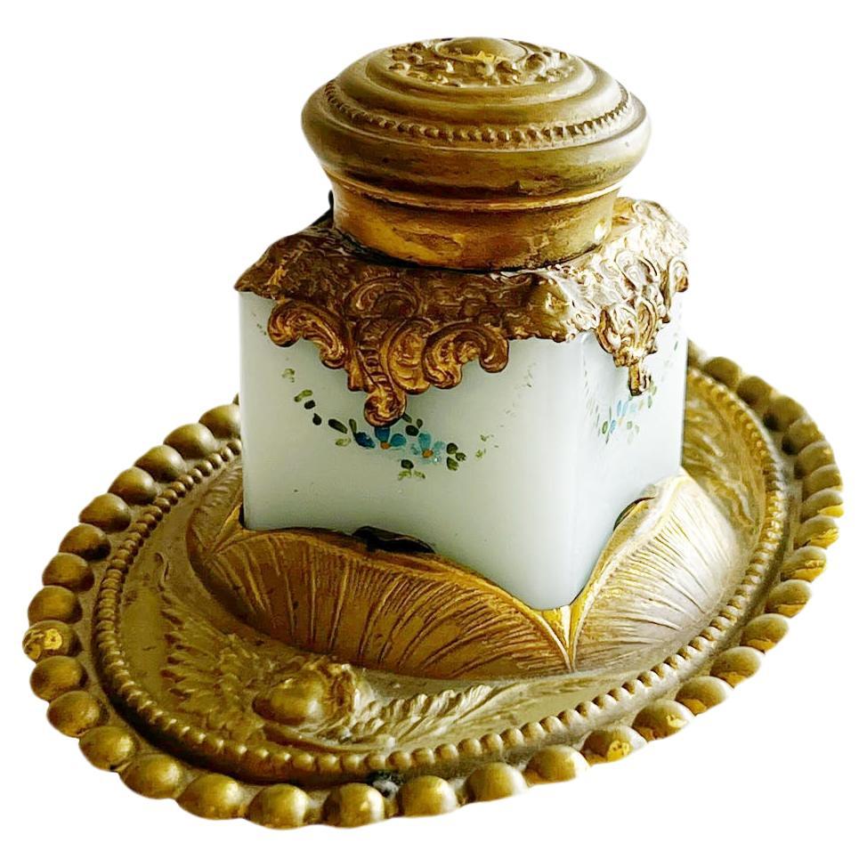 French Opaline And Brass Inkwell For Sale