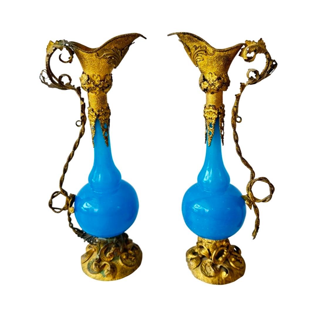 Napoleon III French Opaline Blue Glass Vanity Set with Gilt Bronze, 19th Century For Sale