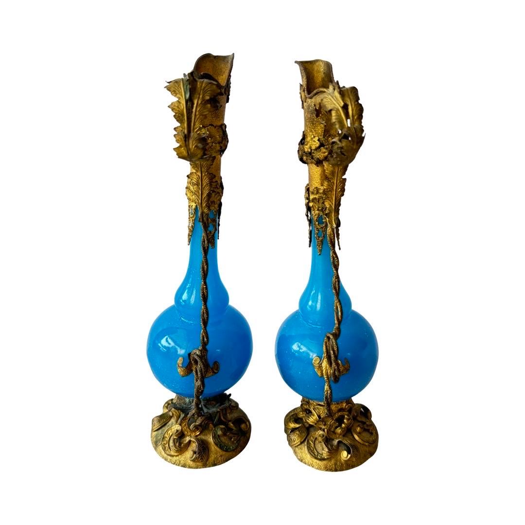 Cast French Opaline Blue Glass Vanity Set with Gilt Bronze, 19th Century For Sale
