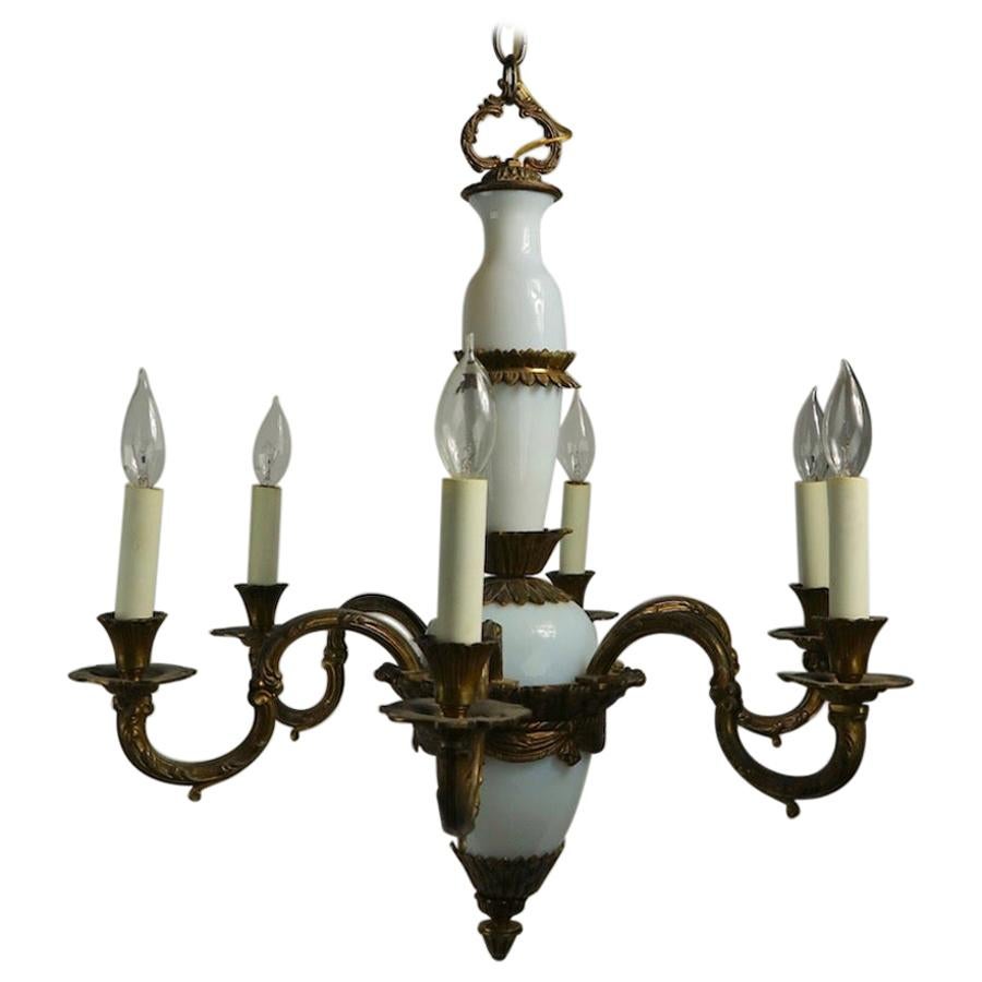 French Opaline Glass and Cast Brass Chandelier For Sale