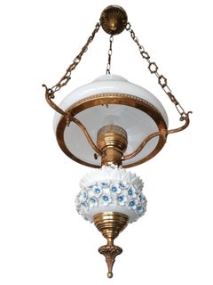 French Opaline Glass and Gilt Bronze Hanging Oil Lamp with Porcelain Flowers