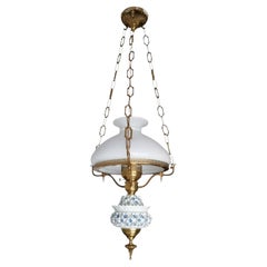 French Opaline Glass and Gilt Bronze Hanging Oil Lamp with Porcelain Flowers