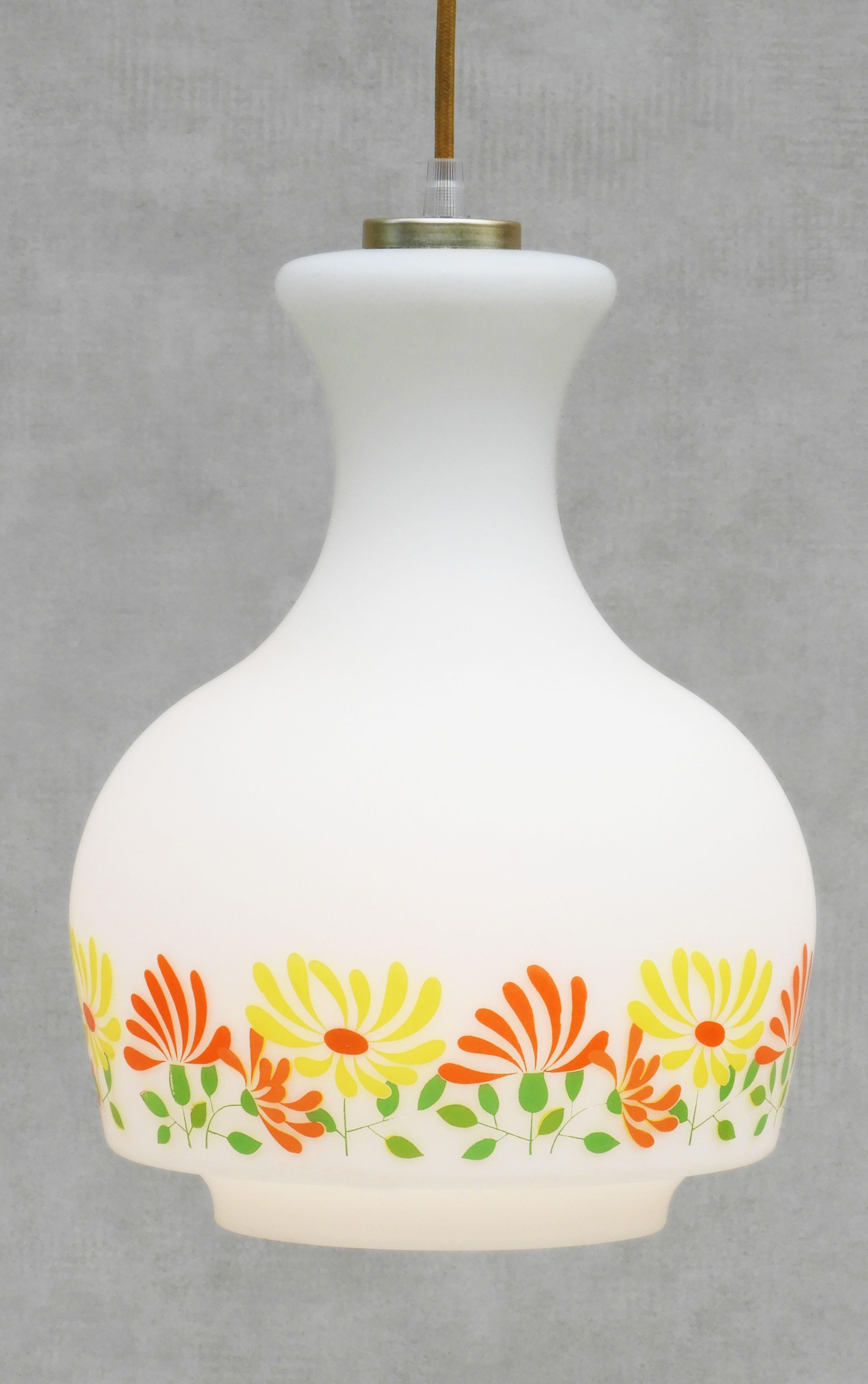 French Opaline Glass Flower Pendant Light, C1970 For Sale 5
