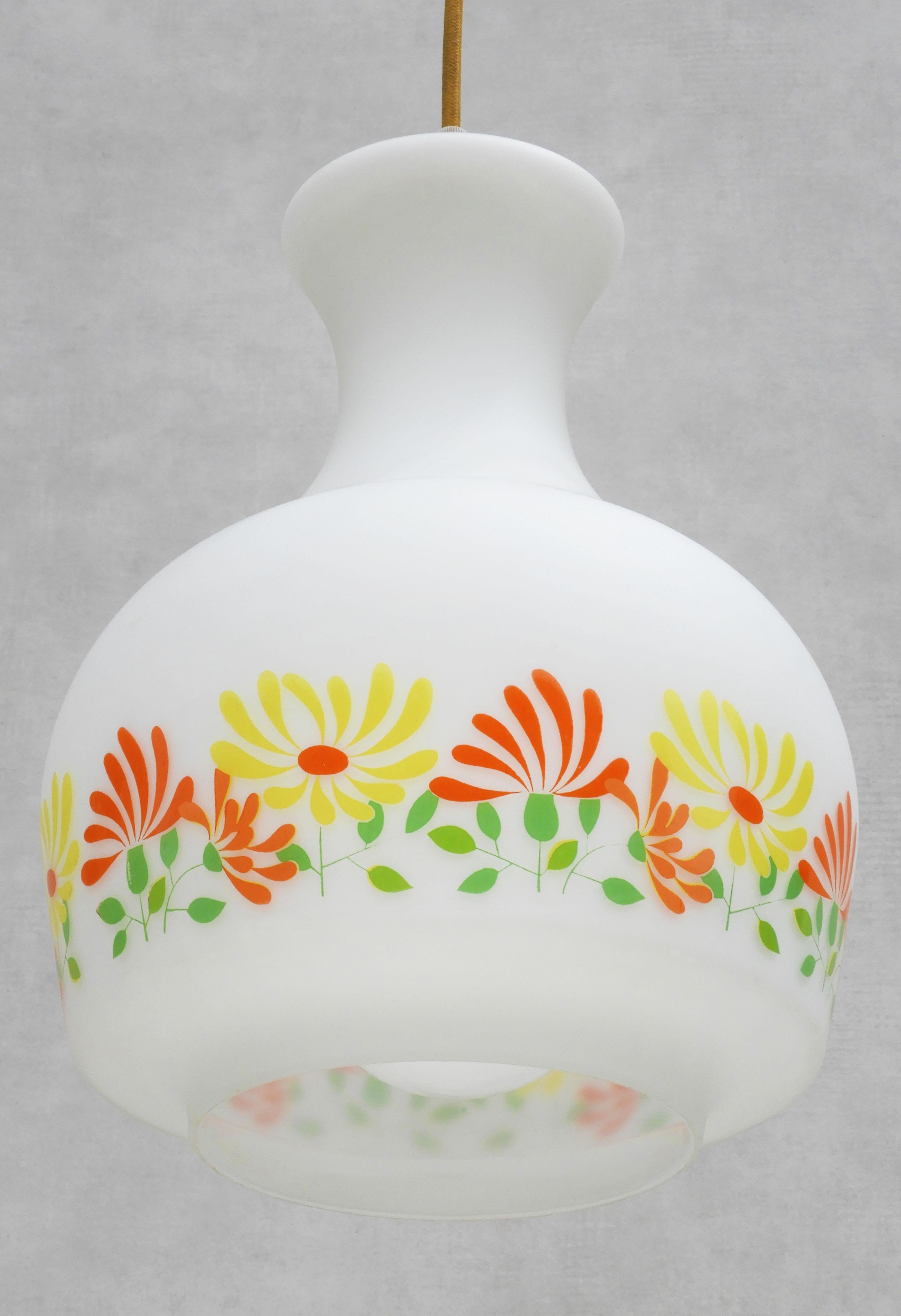 Mid-Century Modern French Opaline Glass Flower Pendant Light, C1970 For Sale