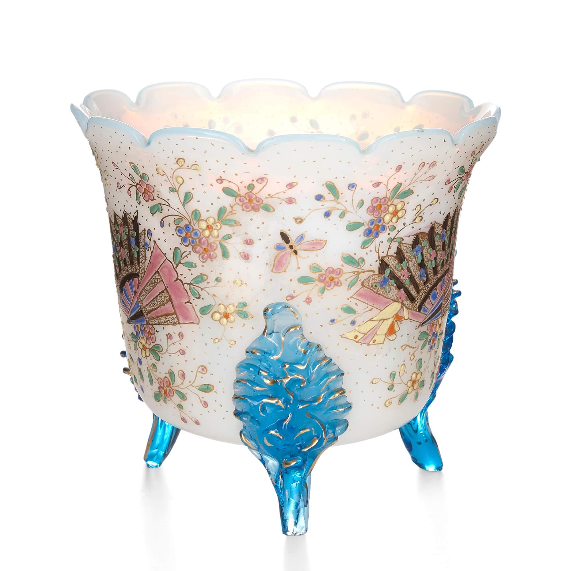 French Opaline Glass Planter Painted with Floral Designs In Good Condition For Sale In London, GB