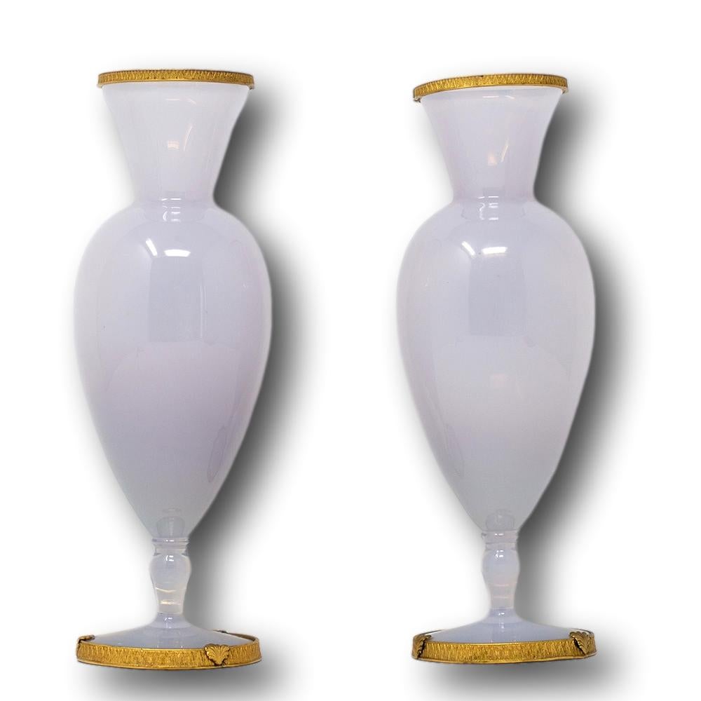 Art Nouveau French Opaline & Ormolu Vase Pair For Sale