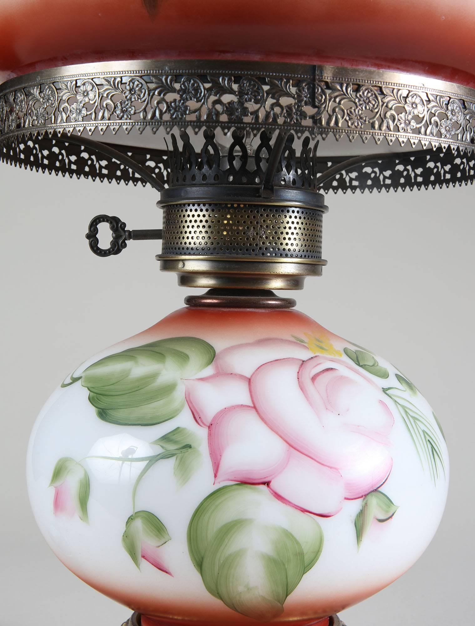 French Opaline Painted Glass Oil Lamp In Excellent Condition In London, by appointment only