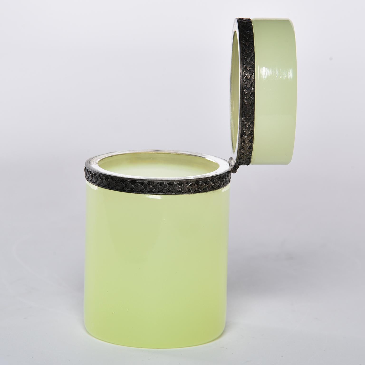 Brass French Opaline Uranium Glass Cylindrical Hinged Box