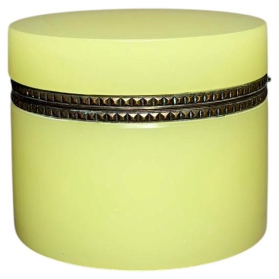 French Opaline Uranium Glass Yellow Cylindrical Hinge Box with Bronze Detailing For Sale