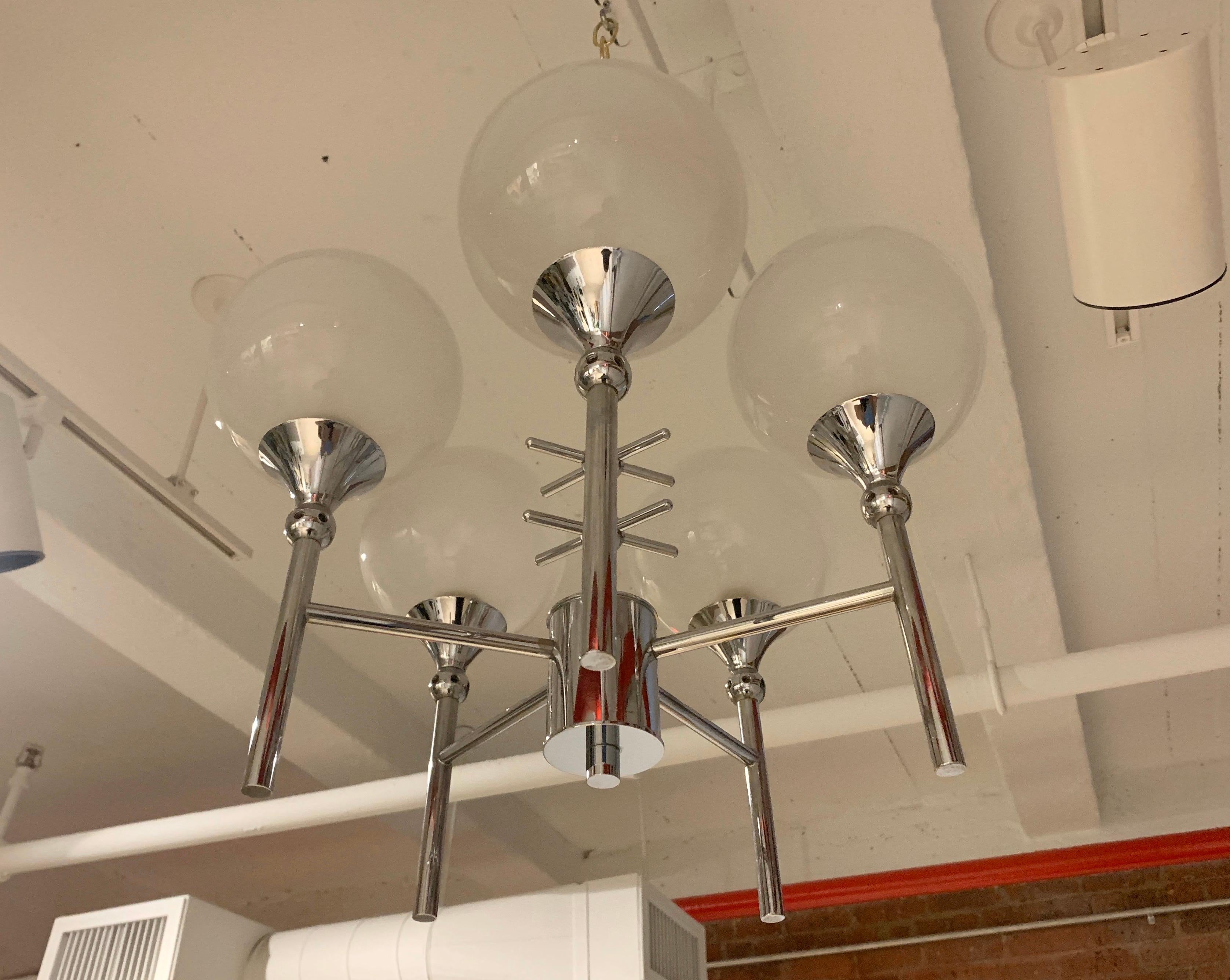 A wonderful French 1970s chrome 5-light fixture with opaline glass globe shades. Newly Rewired.