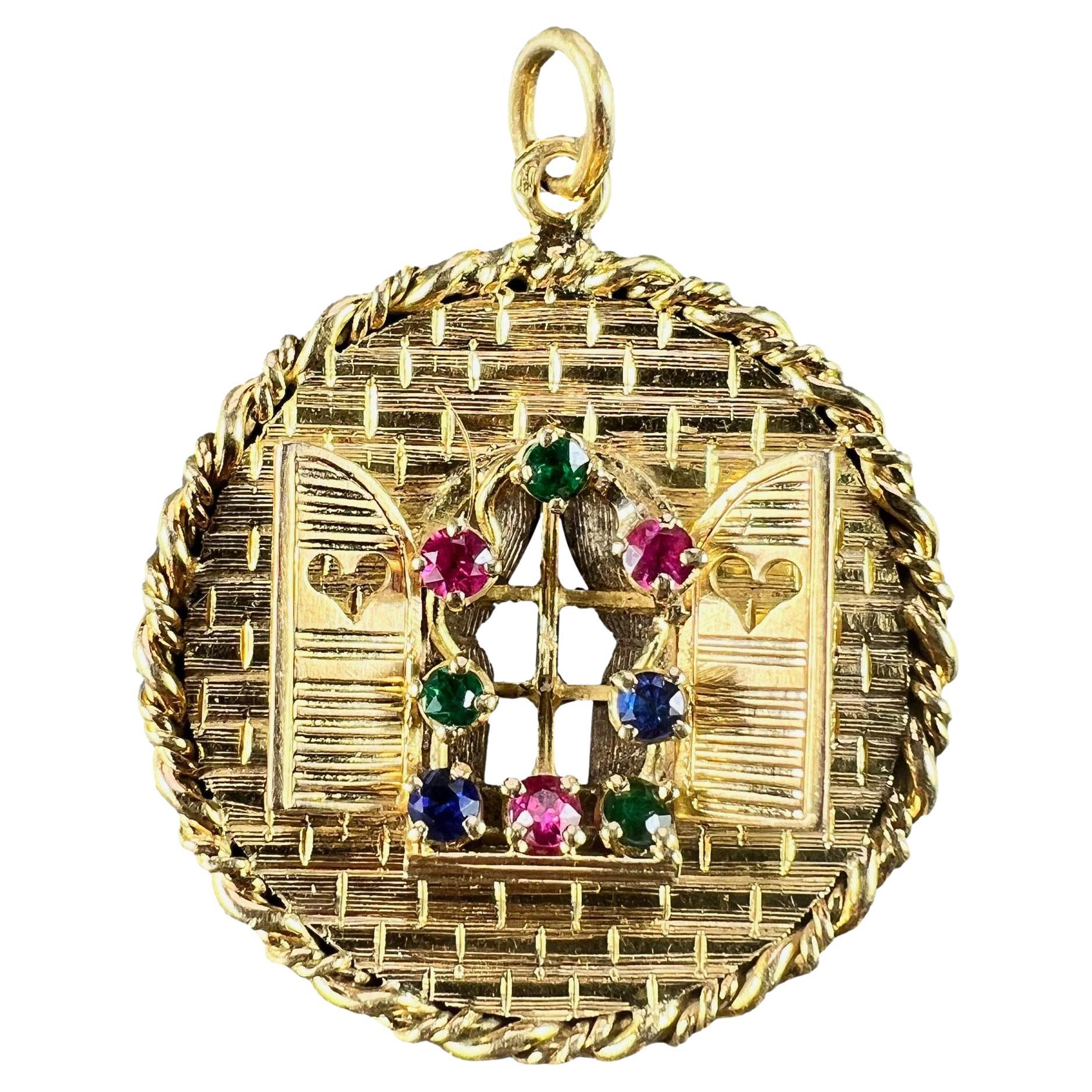French Open Window Love Heart 18K Yellow Gold Gem Set Pendant For Sale