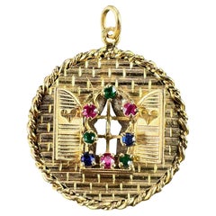 Used French Open Window Love Heart 18K Yellow Gold Gem Set Pendant