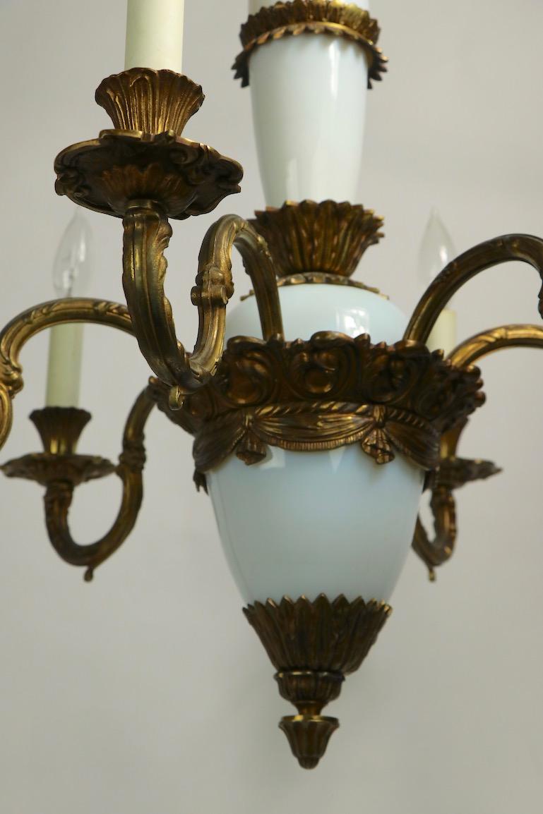 French Opaline Glass and Cast Brass Chandelier For Sale 5