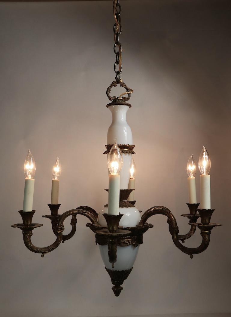 French Opaline Glass and Cast Brass Chandelier For Sale 7