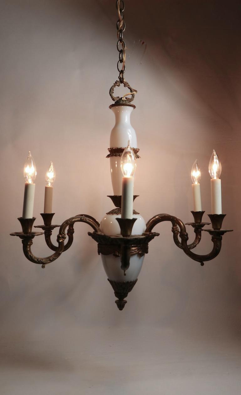 French Opaline Glass and Cast Brass Chandelier For Sale 8
