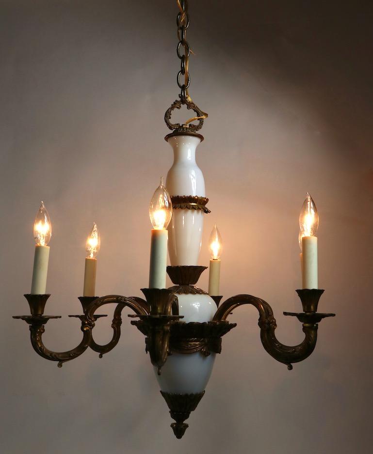 French Opaline Glass and Cast Brass Chandelier For Sale 9