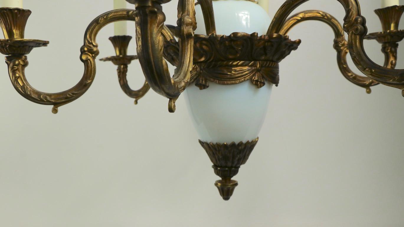 French Opaline Glass and Cast Brass Chandelier In Good Condition For Sale In New York, NY