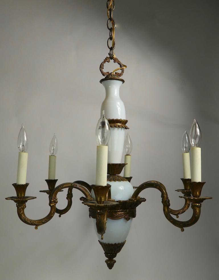 French Opaline Glass and Cast Brass Chandelier For Sale 3