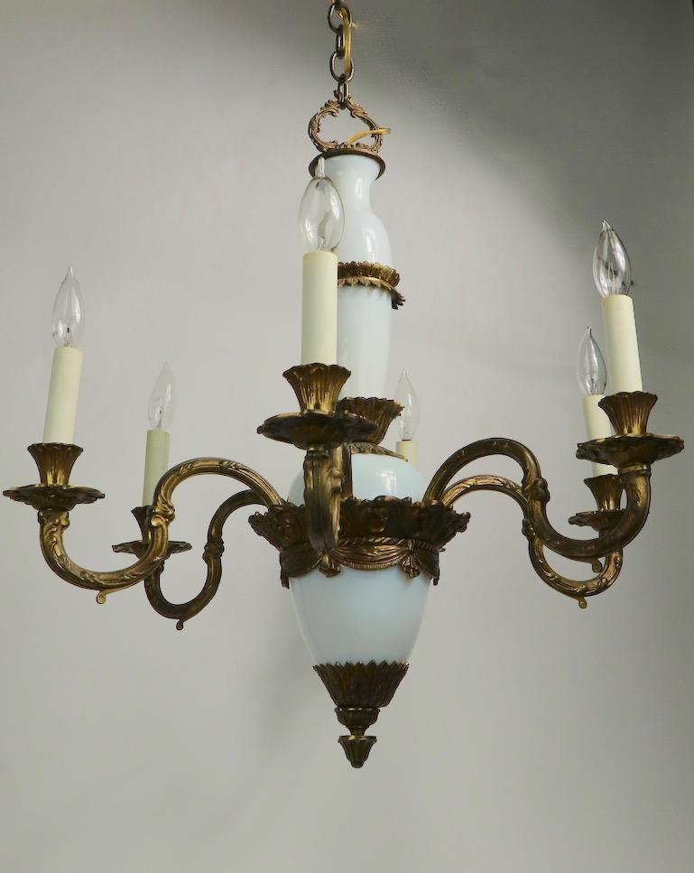 French Opaline Glass and Cast Brass Chandelier For Sale 4