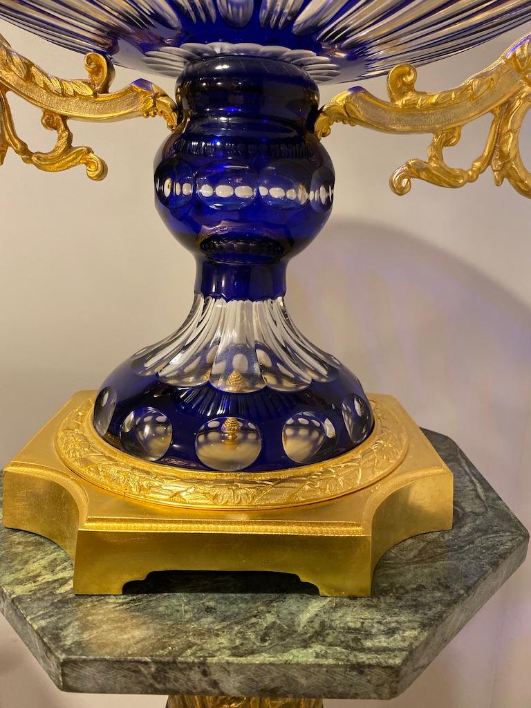 This Presentation bowl/epergne is crystal clear and cobalt blue 