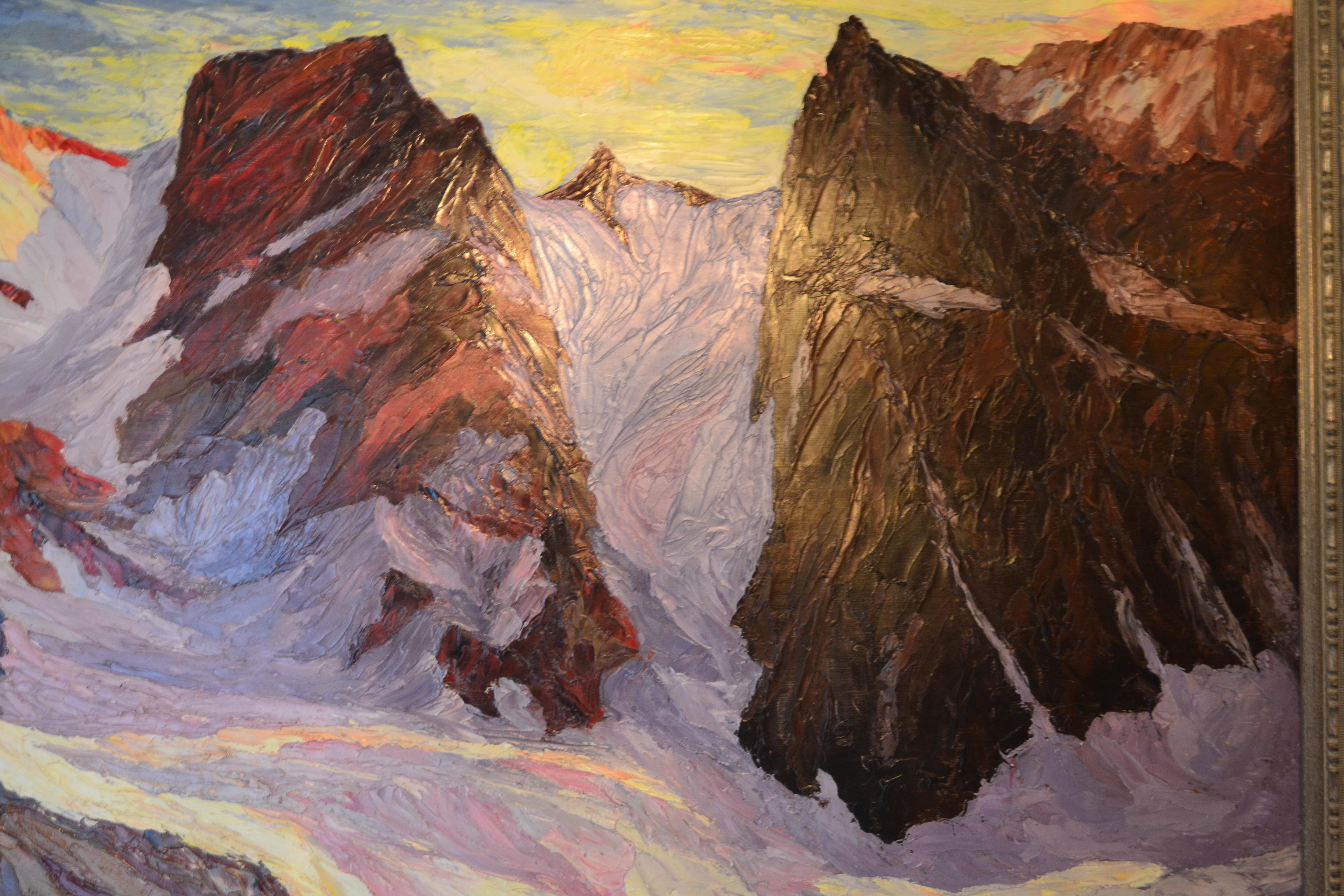 Mid-Century Modern  Oil medium on paper painting of Mountains and Glacier signed Pelletier For Sale