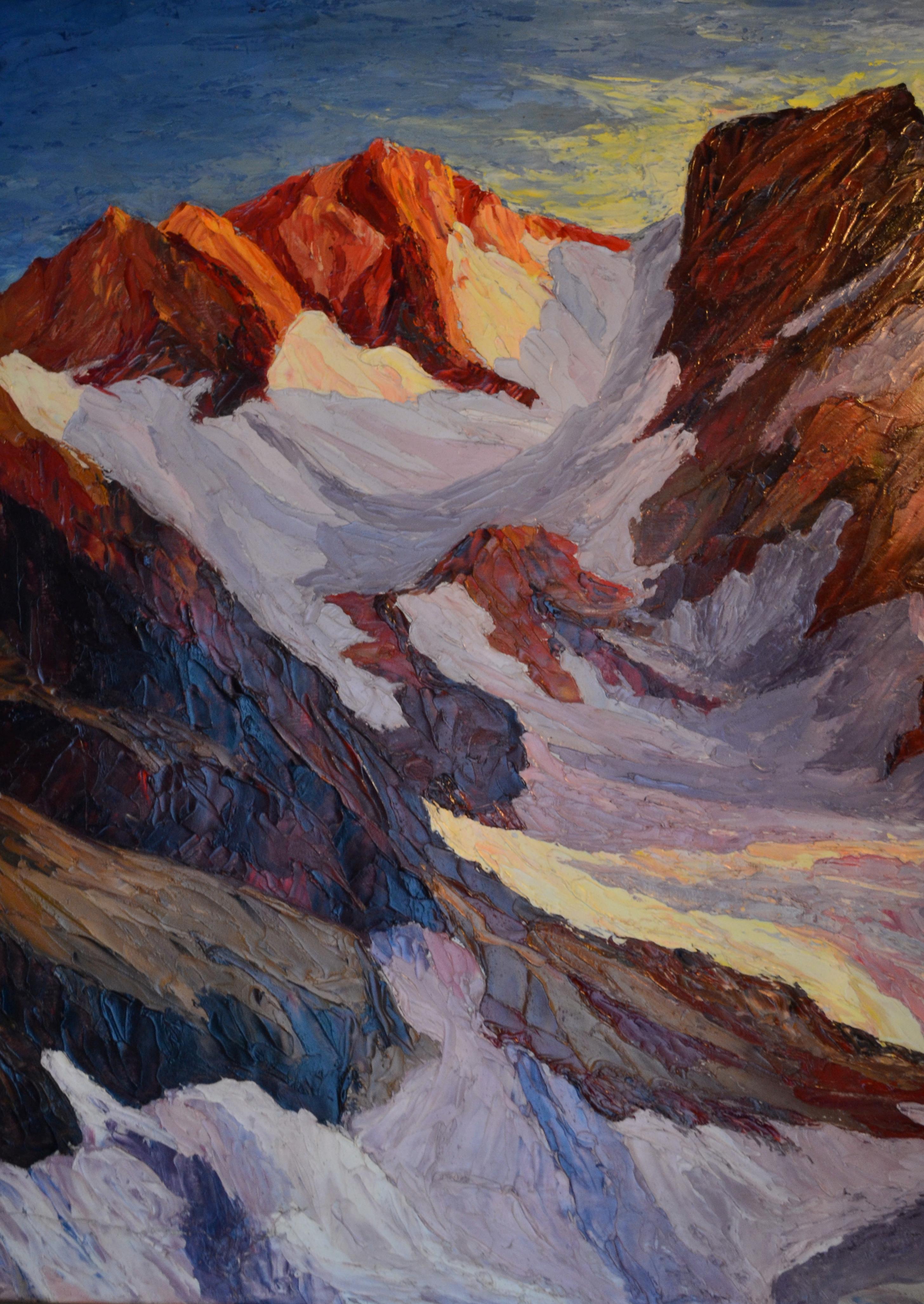 20ième siècle  Peinture à l'huile sur papier des montagnes et du glacier signée Pelletier en vente