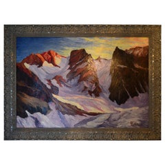 Quadro a olio su carta raffigurante Montagne e ghiacciaio, firmato Pelletier