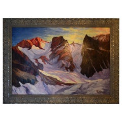  Peinture à l'huile sur papier des montagnes et du glacier signée Pelletier