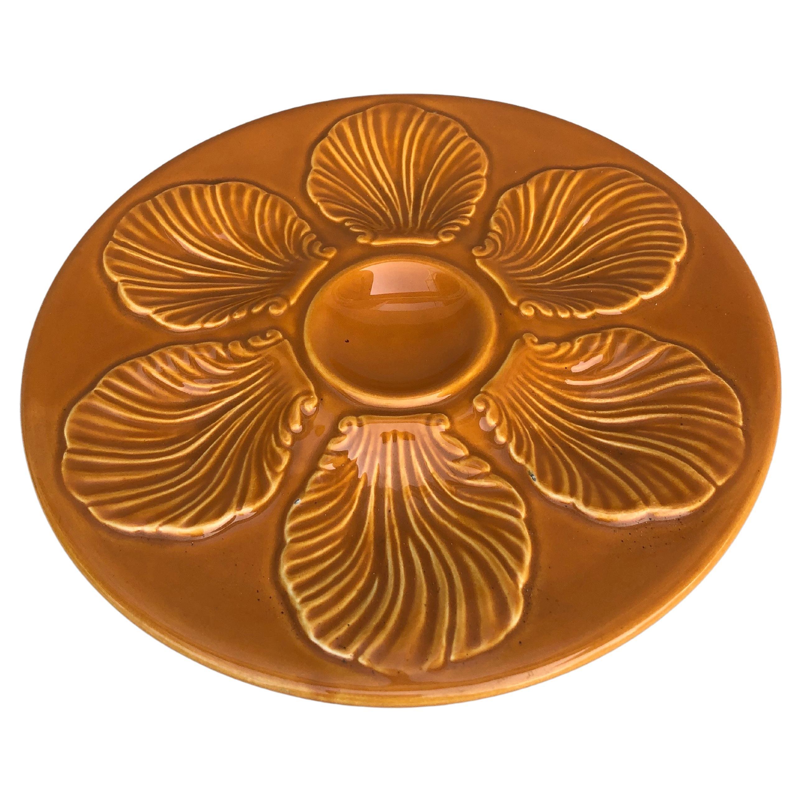 Mid-Century Modern French Orange Majolica Oyster Plate Proceram, circa 1950 For Sale