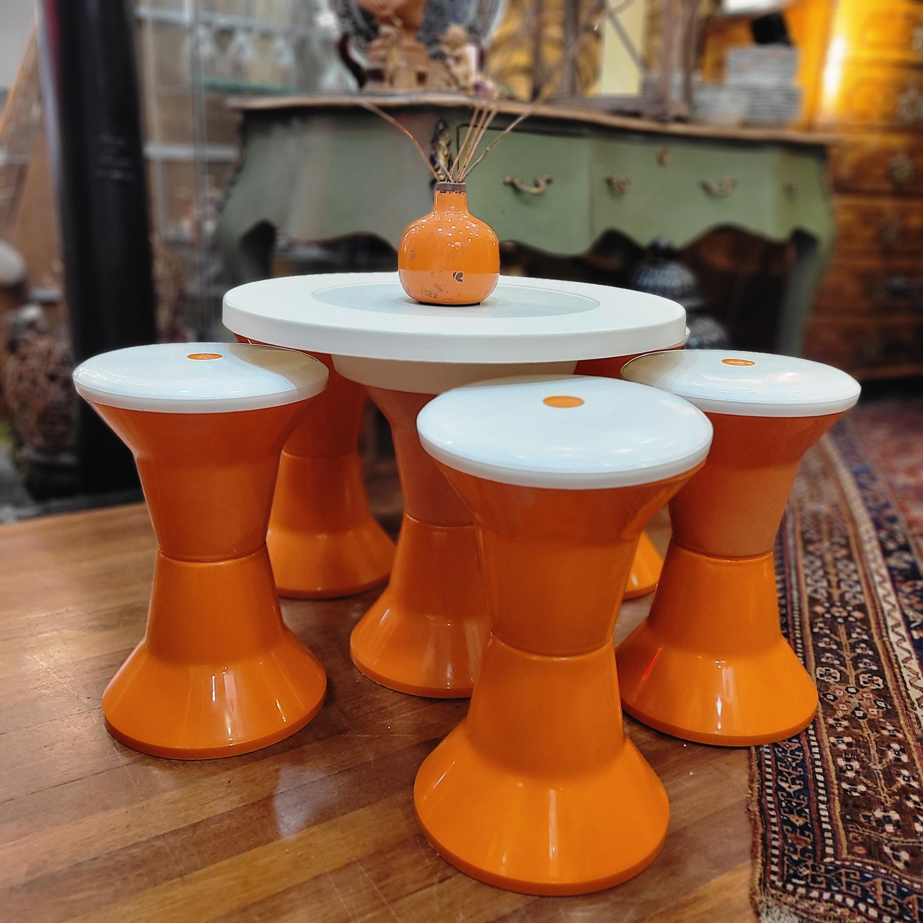 French  Orange white after  Henry Massonet Table and 6 stools set 60s For Sale 10
