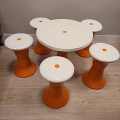 French  Orange white after  Henry Massonet Table and 6 stools set 60s