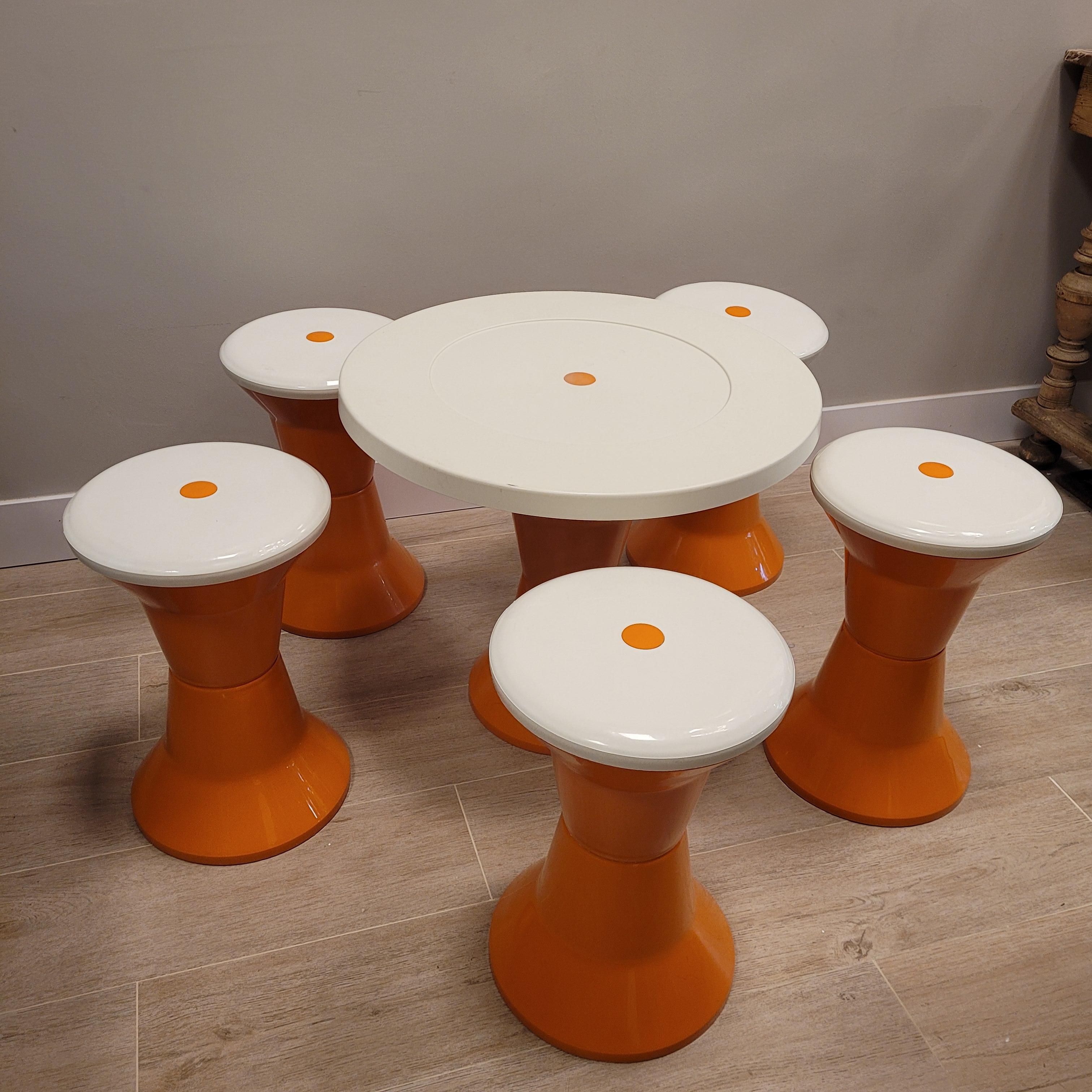 Mid-Century Modern French  Orange white after  Henry Massonet Table and 6 stools set 60s For Sale