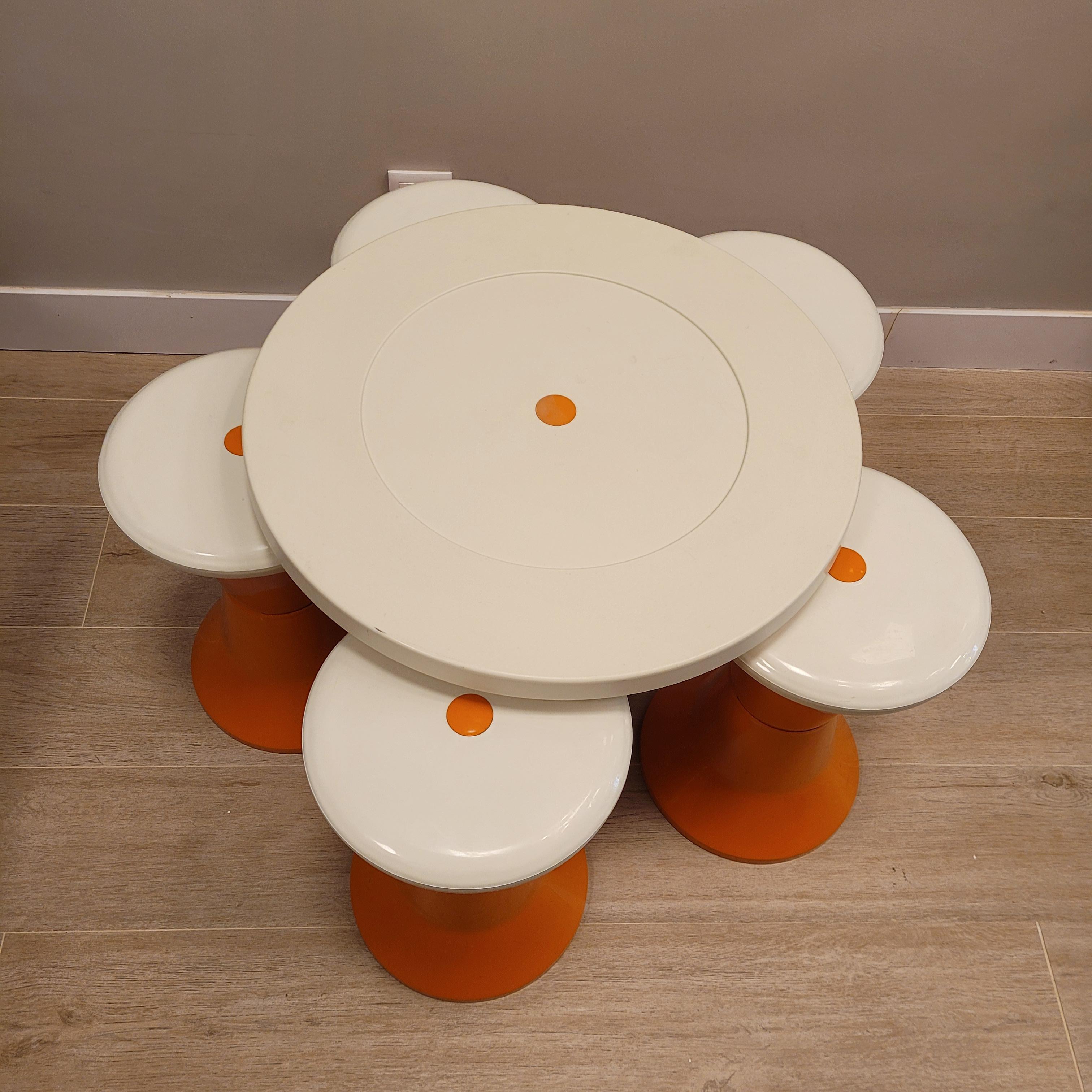 Hand-Crafted French  Orange white after  Henry Massonet Table and 6 stools set 60s For Sale