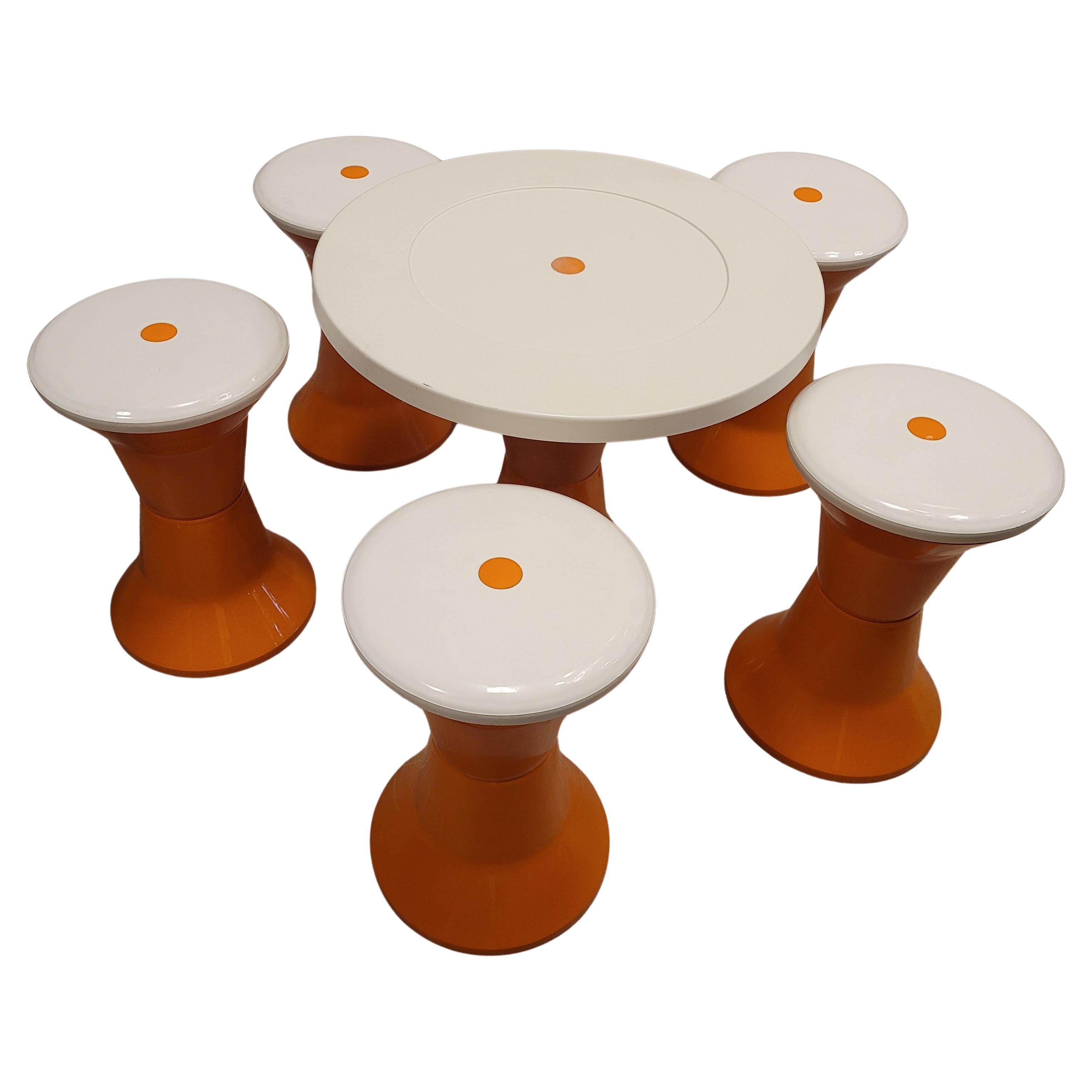French  Orange white after  Henry Massonet Table and 6 stools set 60s For Sale