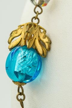 French Organic Blue Glass Bead and Crystal Gilt Leaf Necklace