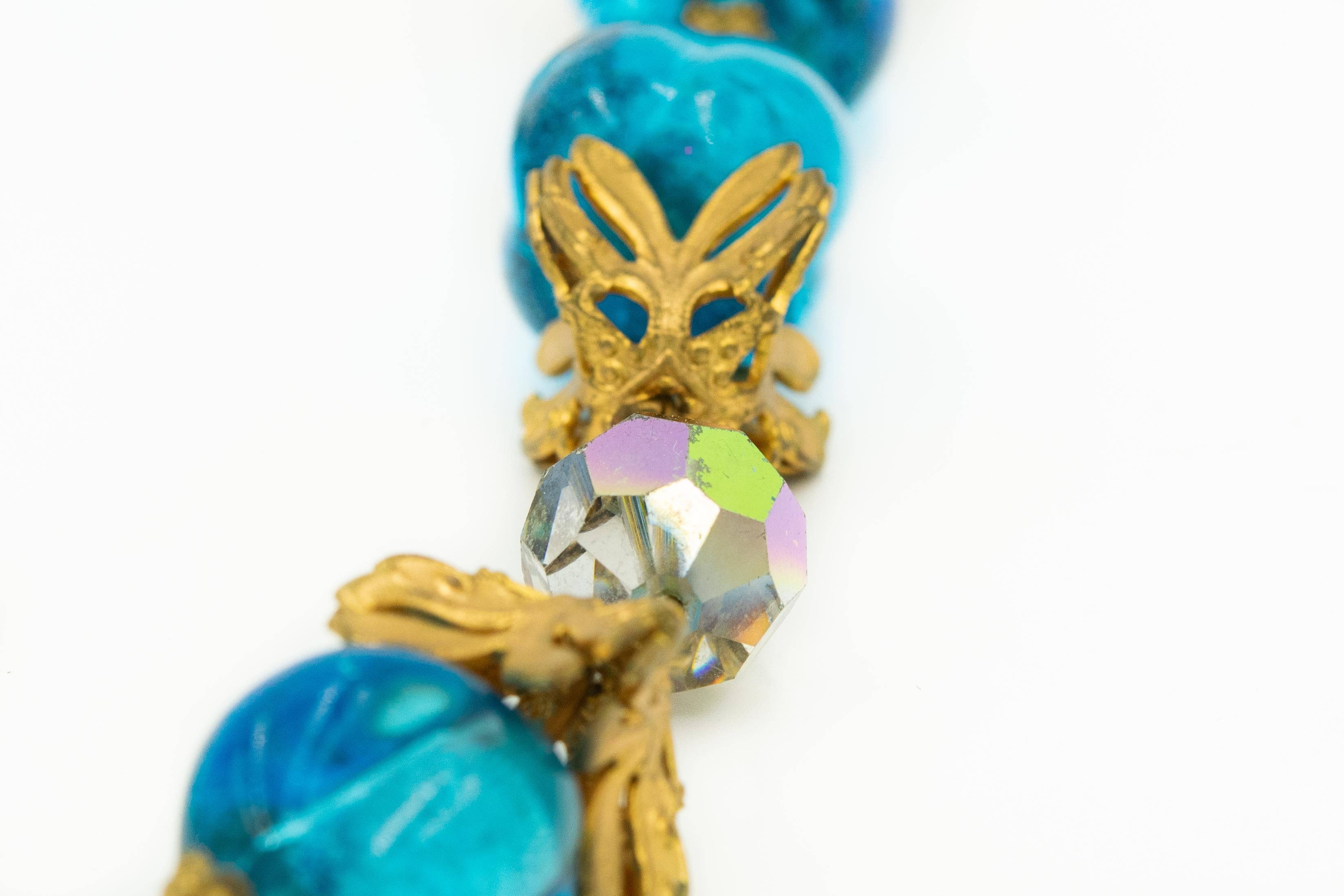 French Organic Blue Glass Bead and Crystal Gilt Leaf Necklace In Good Condition For Sale In Miami Beach, FL
