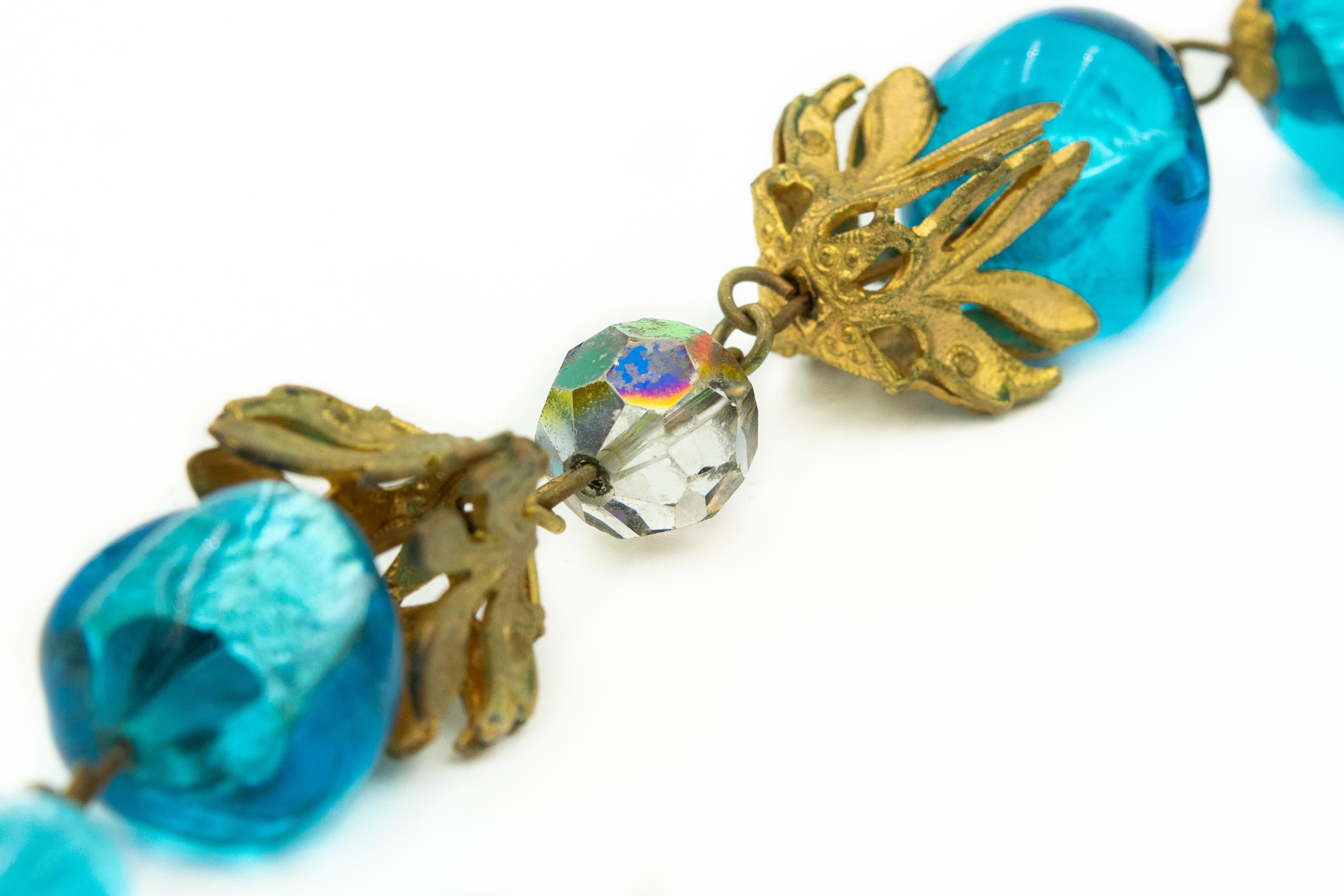 Women's or Men's French Organic Blue Glass Bead and Crystal Gilt Leaf Necklace For Sale
