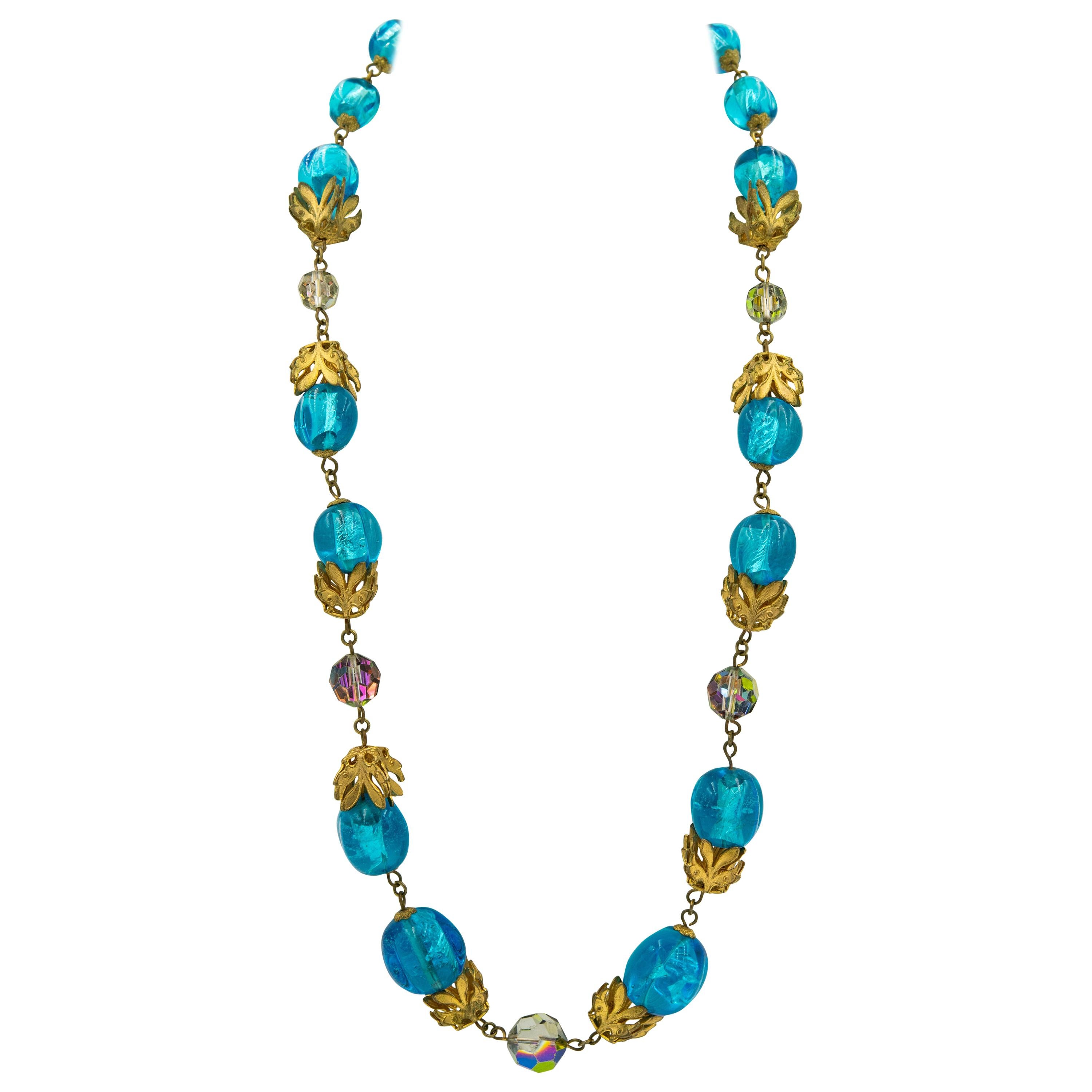 French Organic Blue Glass Bead and Crystal Gilt Leaf Necklace