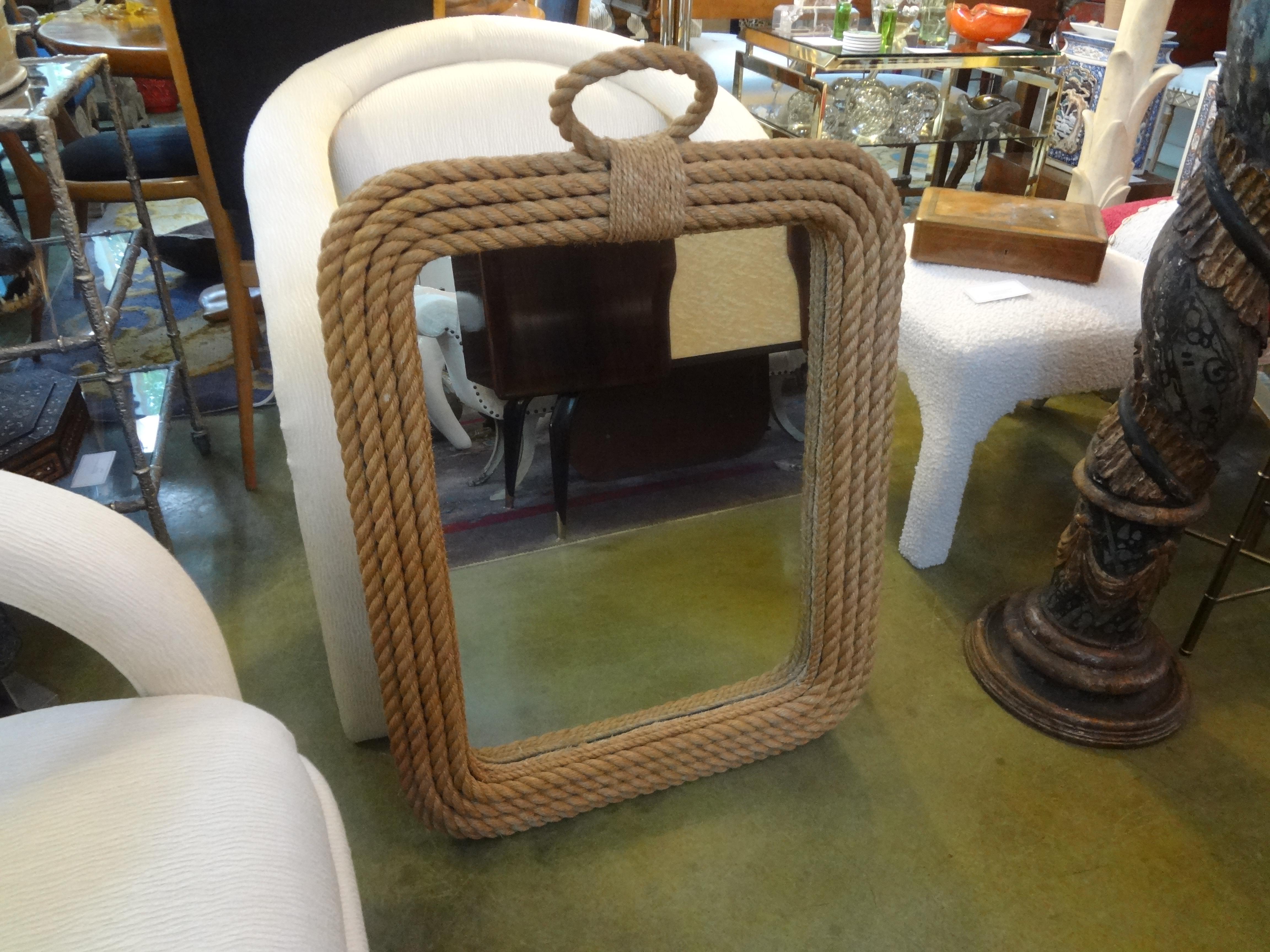 French organic modern rope mirror by Audoux & Minet. This stunning French mid-century rope mirror by Adrien Audoux and Frida Minet shows the Artistry of this outstanding Design team.
