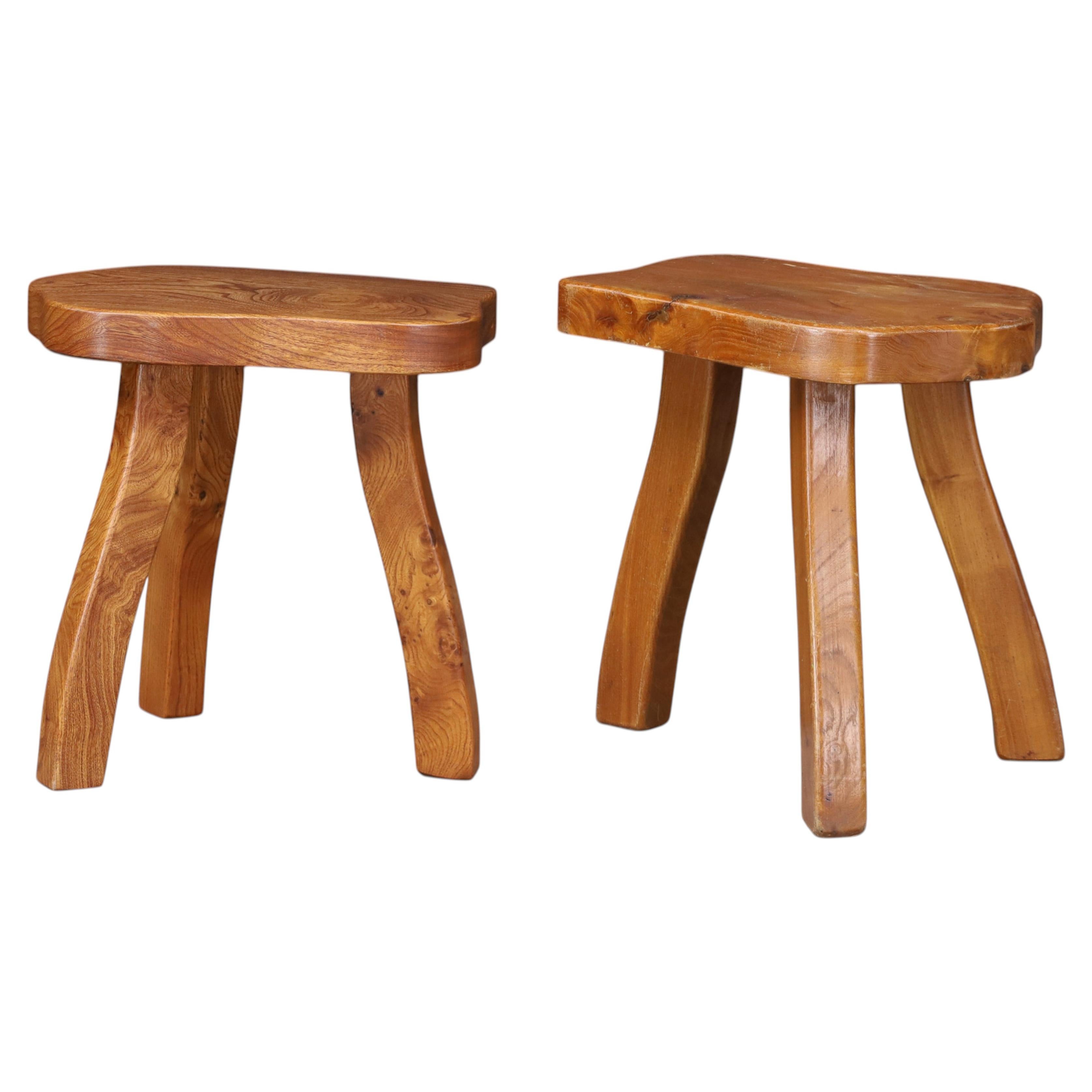French Organic Shape Solid Elm Stools, France 1950s, Set of 2