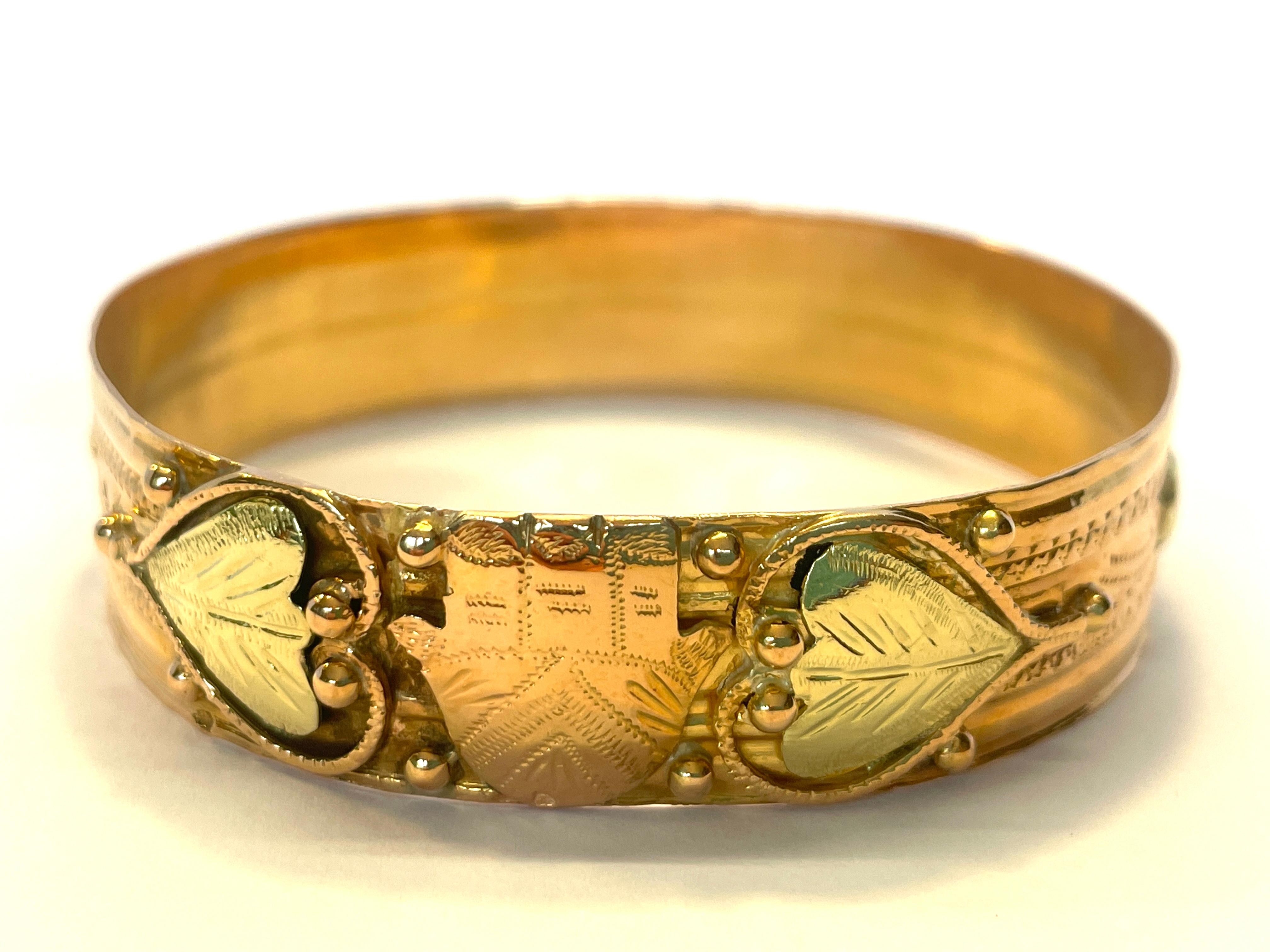 Women's or Men's French Oriental Bangle Gold Bracelet 18 Karat with Khamsa and Heart 1930s For Sale