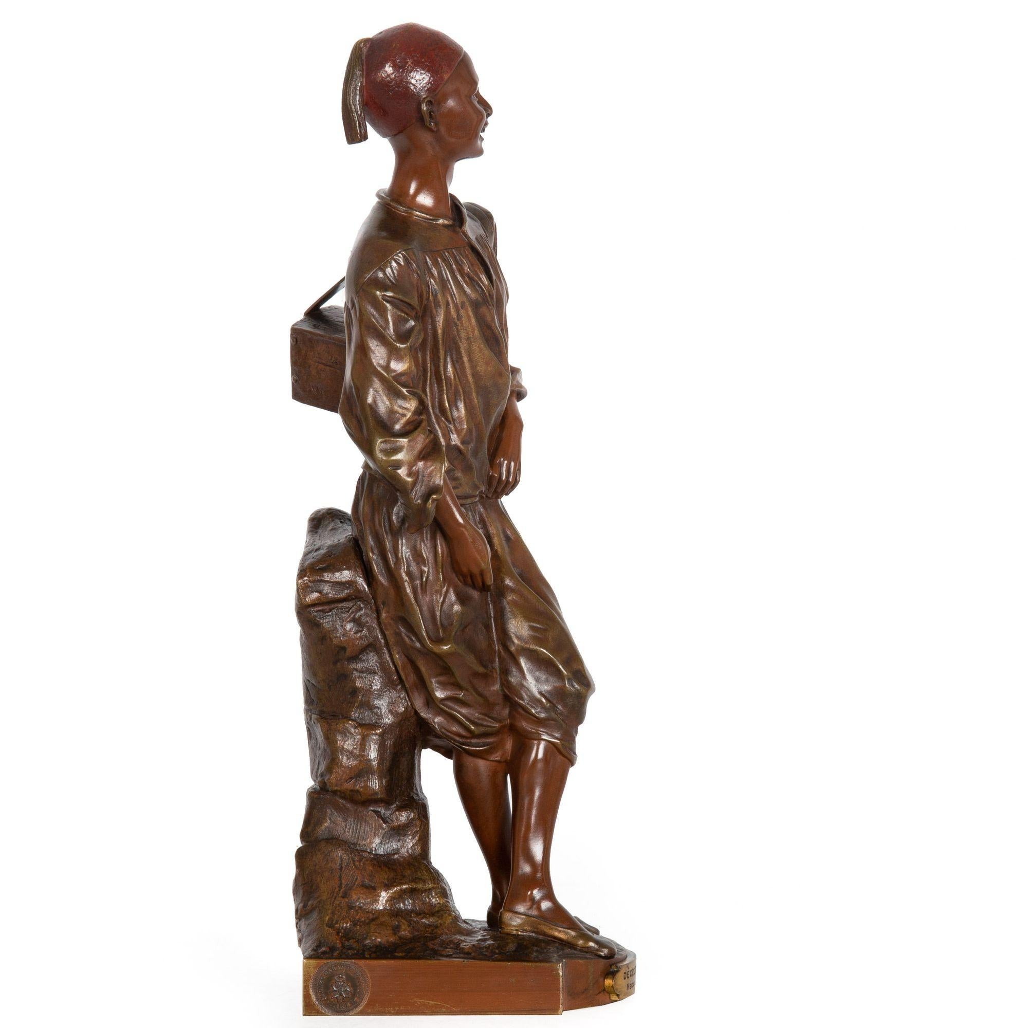 Patinated French Orientalist Antique Bronze Sculpture by Edouard Drouot of Shoeshine Boy For Sale