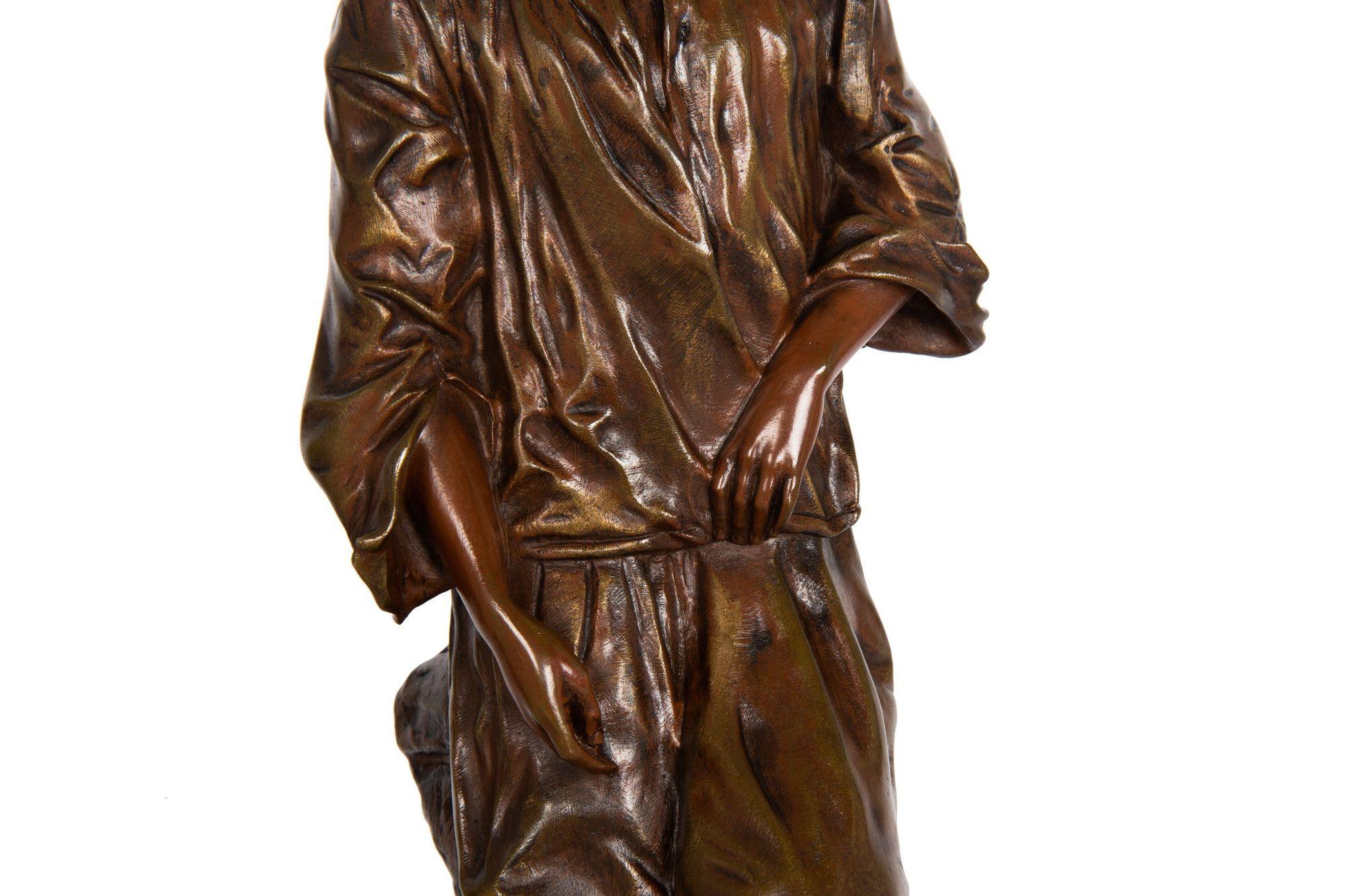 French Orientalist Antique Bronze Sculpture by Edouard Drouot of Shoeshine Boy For Sale 3