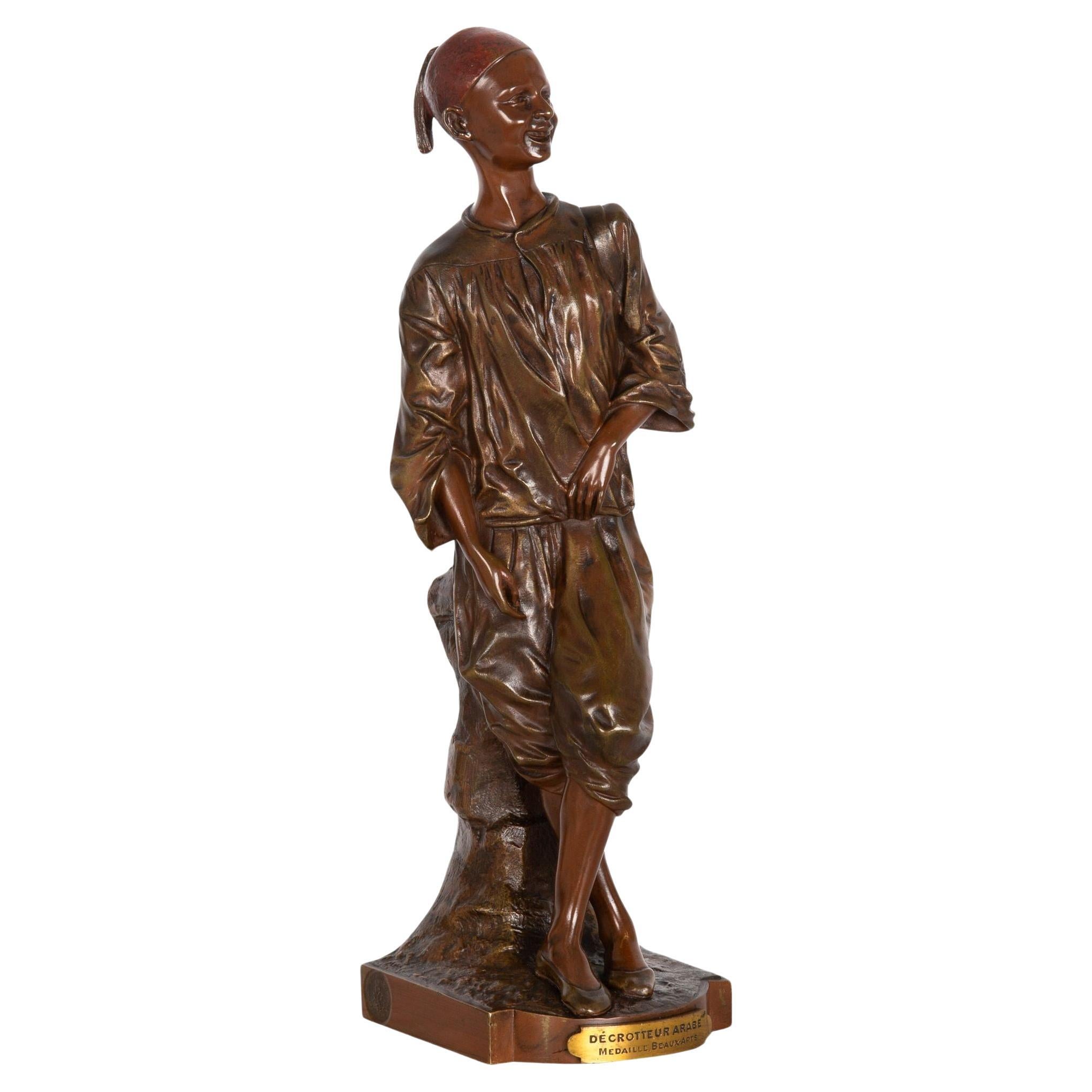 French Orientalist Antique Bronze Sculpture by Edouard Drouot of Shoeshine Boy For Sale