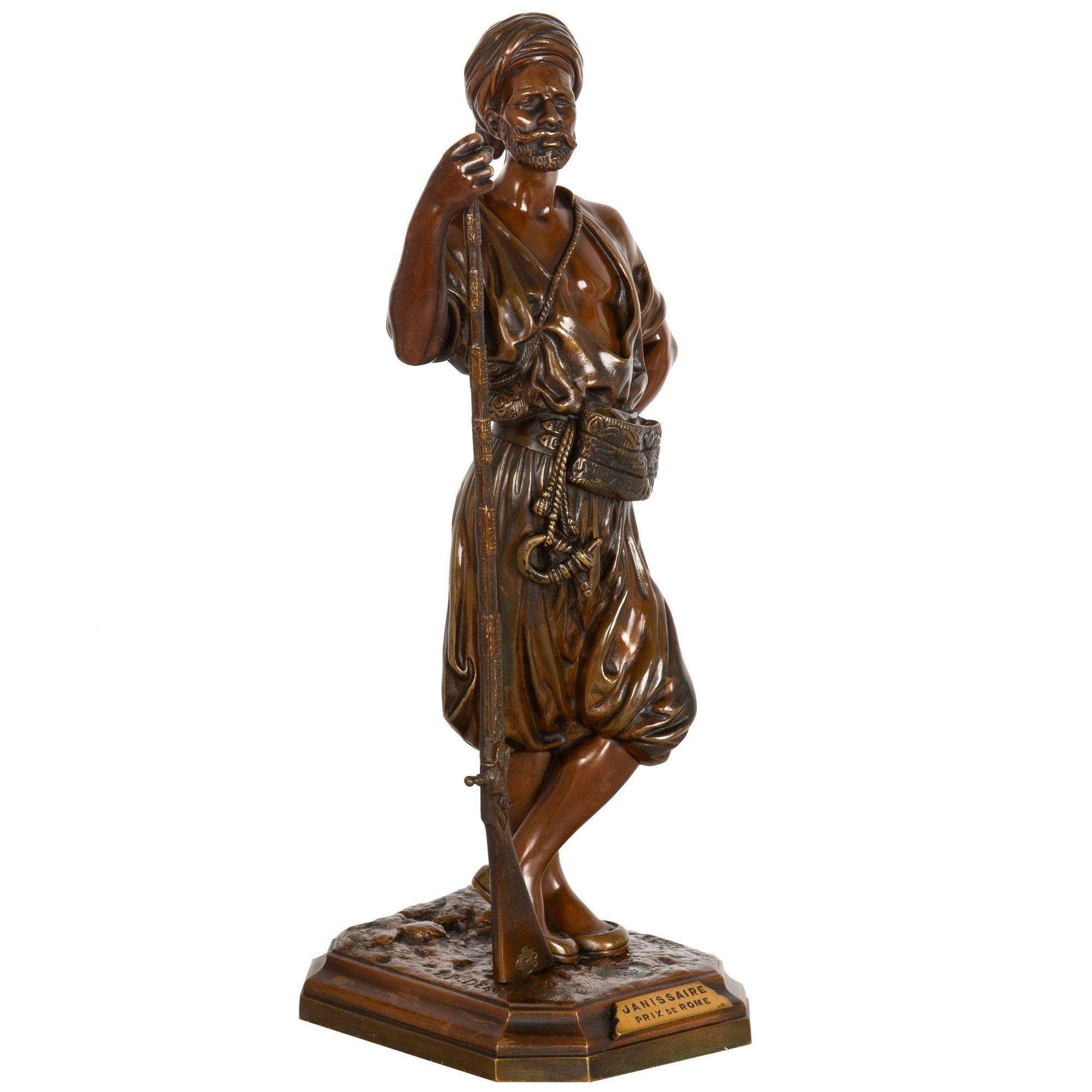 French Orientalist Antique Bronze Sculpture of Warrior with Musket by Debut For Sale 16