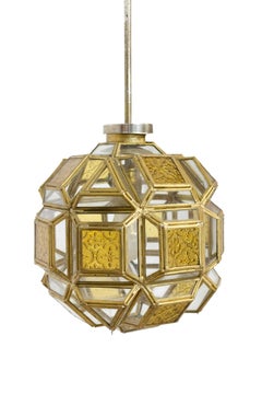 French Orientalist Brass and Glass Pendant Light Chandelier with Facets, c. 1960