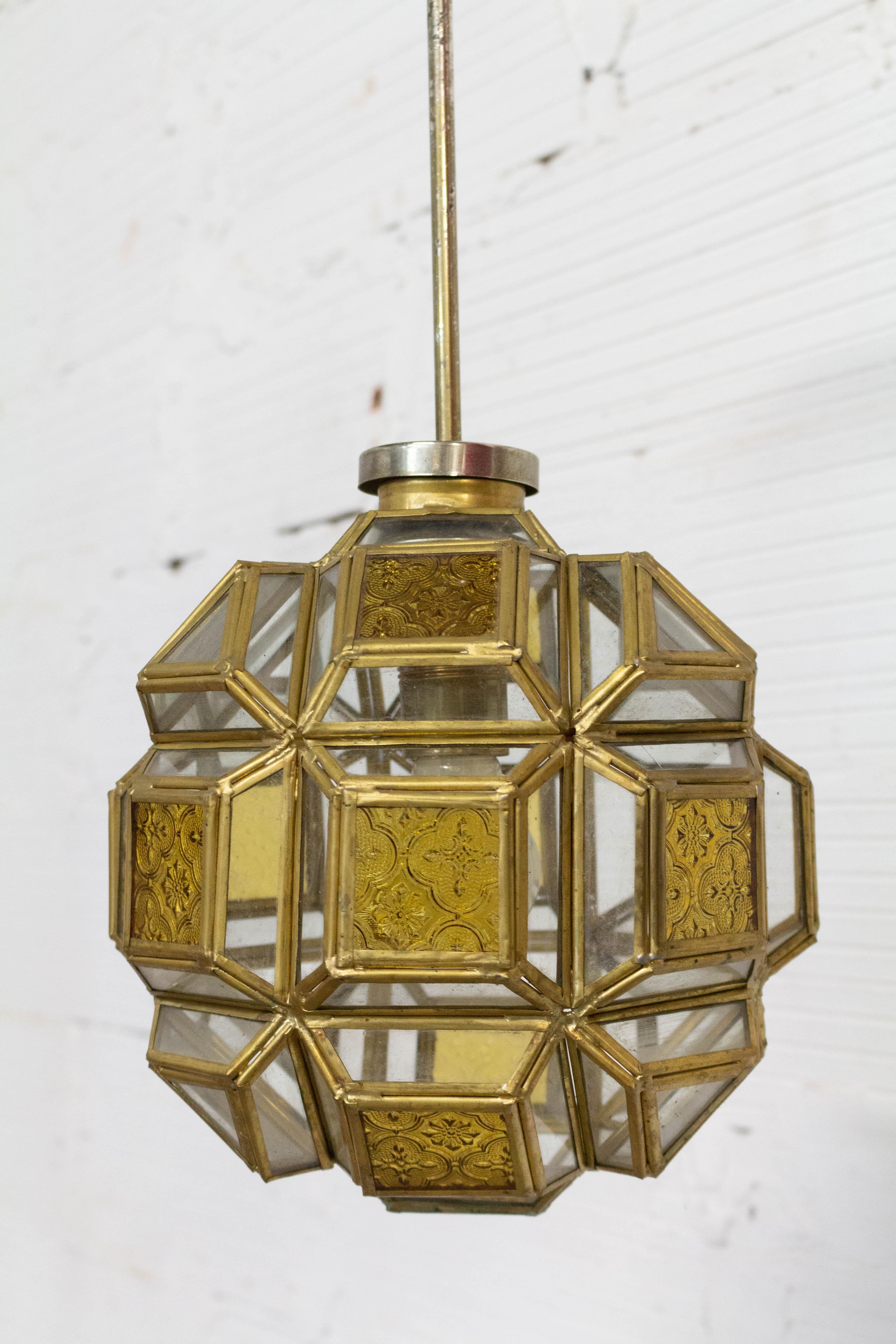 Mid-Century Modern French Orientalist Brass and Glass Pendant Light Chandelier with Facets, c. 1960 For Sale