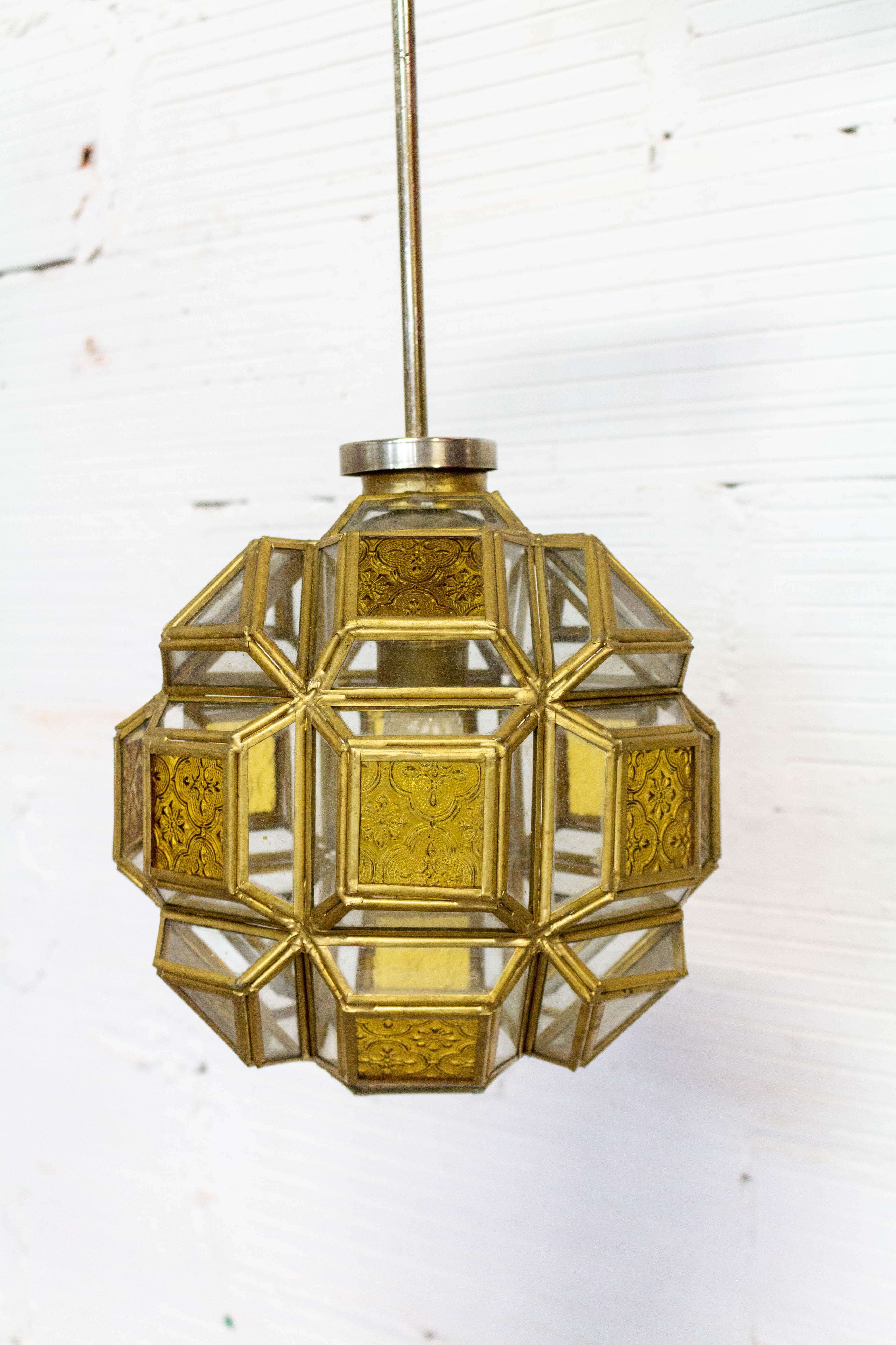 20th Century French Orientalist Brass and Glass Pendant Light Chandelier with Facets, c. 1960 For Sale